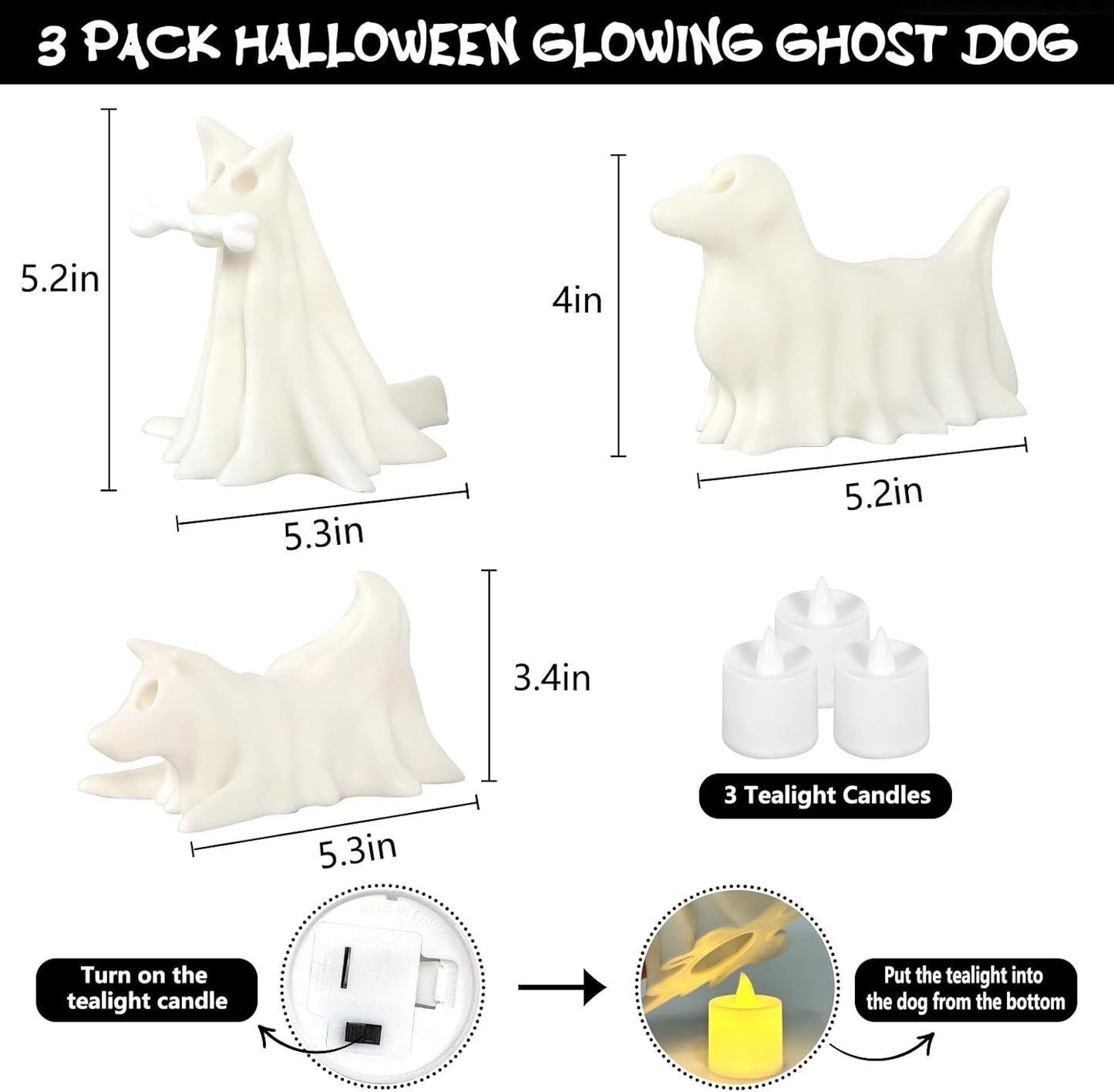Light-Up Halloween Ghost Dog Figurines – Set of 3 - 5"x 5" each