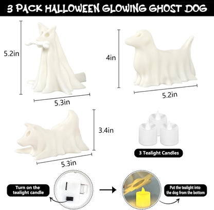 Light-Up Halloween Ghost Dog Figurines – Set of 3 - 5"x 5" each