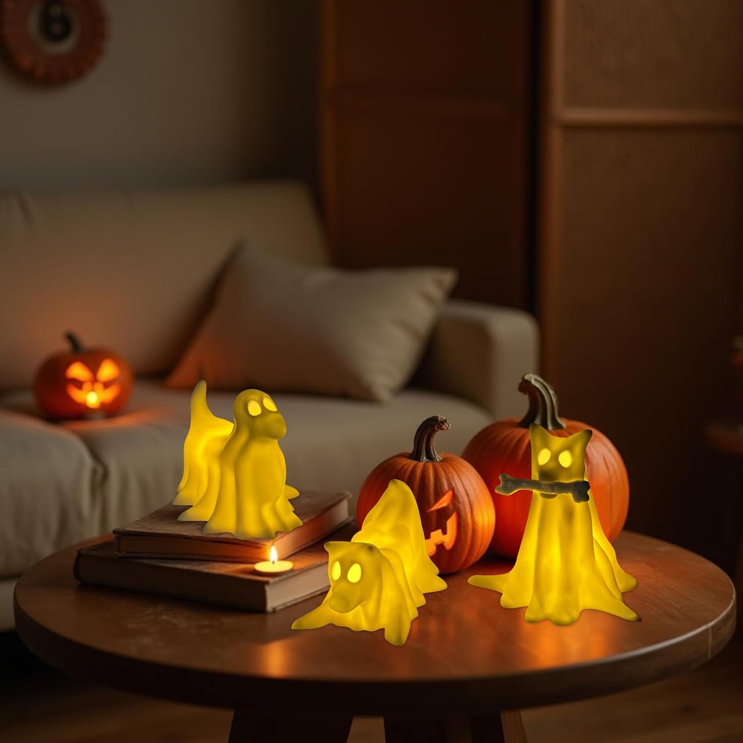 Light-Up Halloween Ghost Dog Figurines – Set of 3 - 5"x 5" each