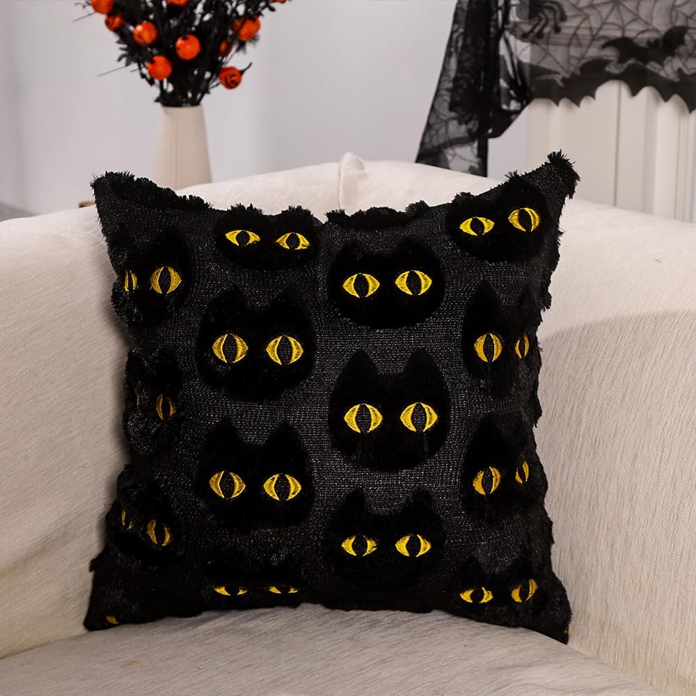 Cozy Pillow Covers Set of 2 – Ghosts, Pumpkins, Cats & Witch Hats (18"x18")