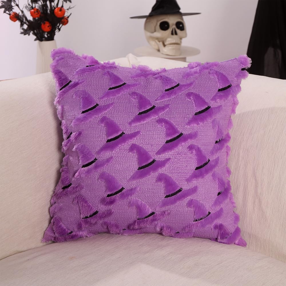 Cozy Pillow Covers Set of 2 – Ghosts, Pumpkins, Cats & Witch Hats (18"x18")