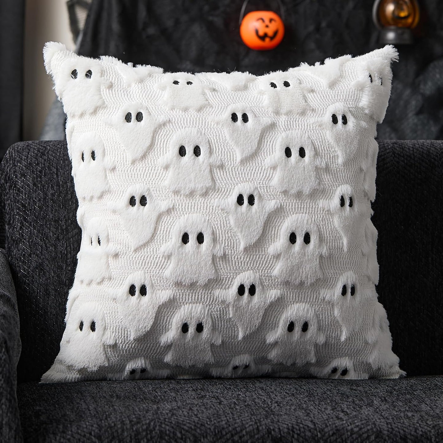 Cozy Pillow Covers Set of 2 – Ghosts, Pumpkins, Cats & Witch Hats (18"x18")